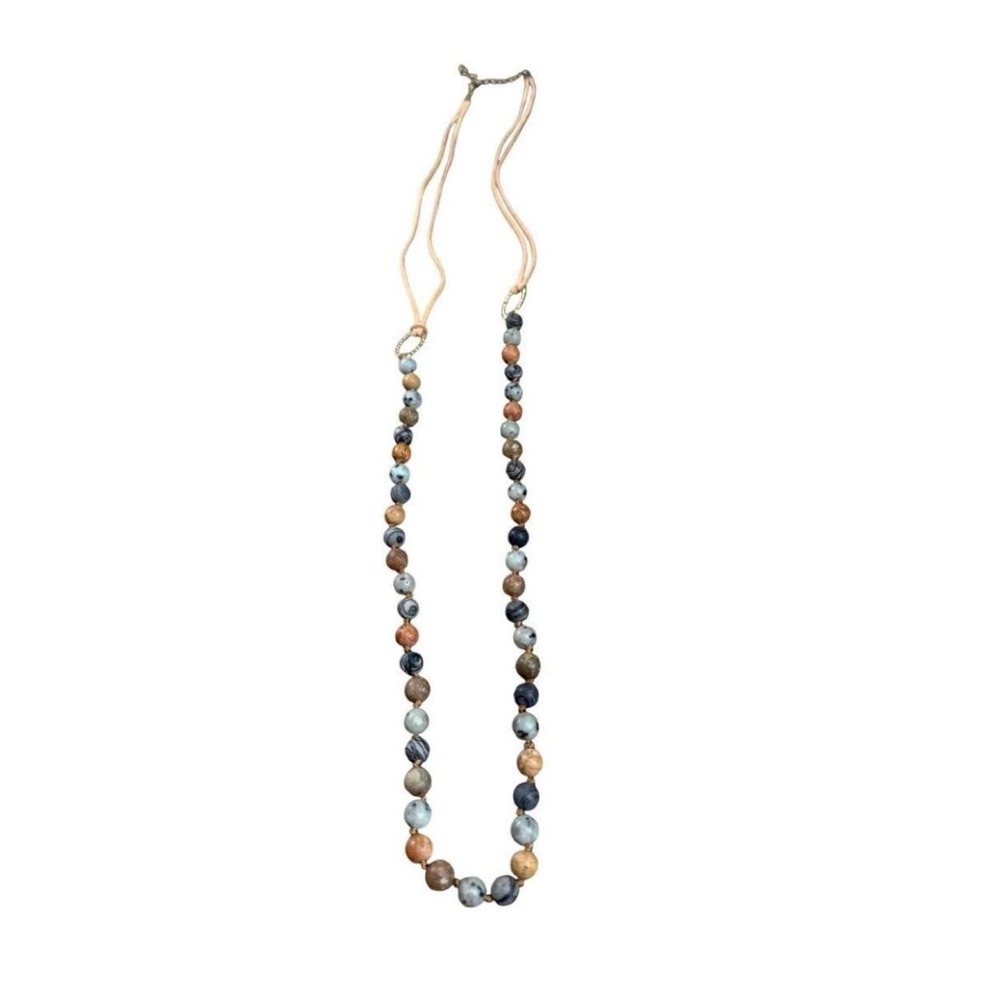 Boho Earthy‎ Natural Stone Bead Long Suede Cord Necklace Tan Gold Tone 41 inches